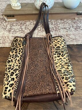 Myra Bag Leather & Cowhide Leopard Fringe Shoulder Bag Western Boho Tote